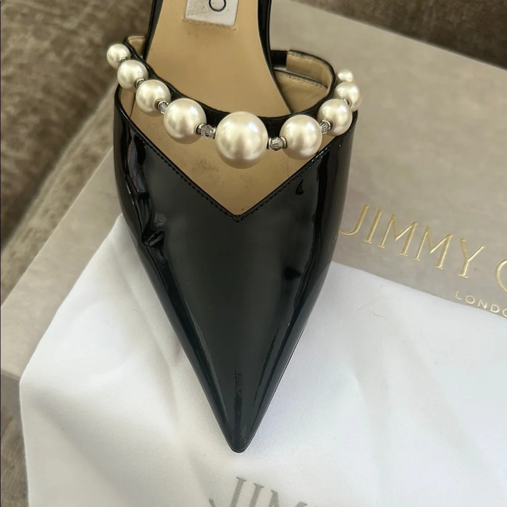 Jimmy Choo Black Patent Heels with Pearl Detail worn once. Size 37. - Picture 2 of 6